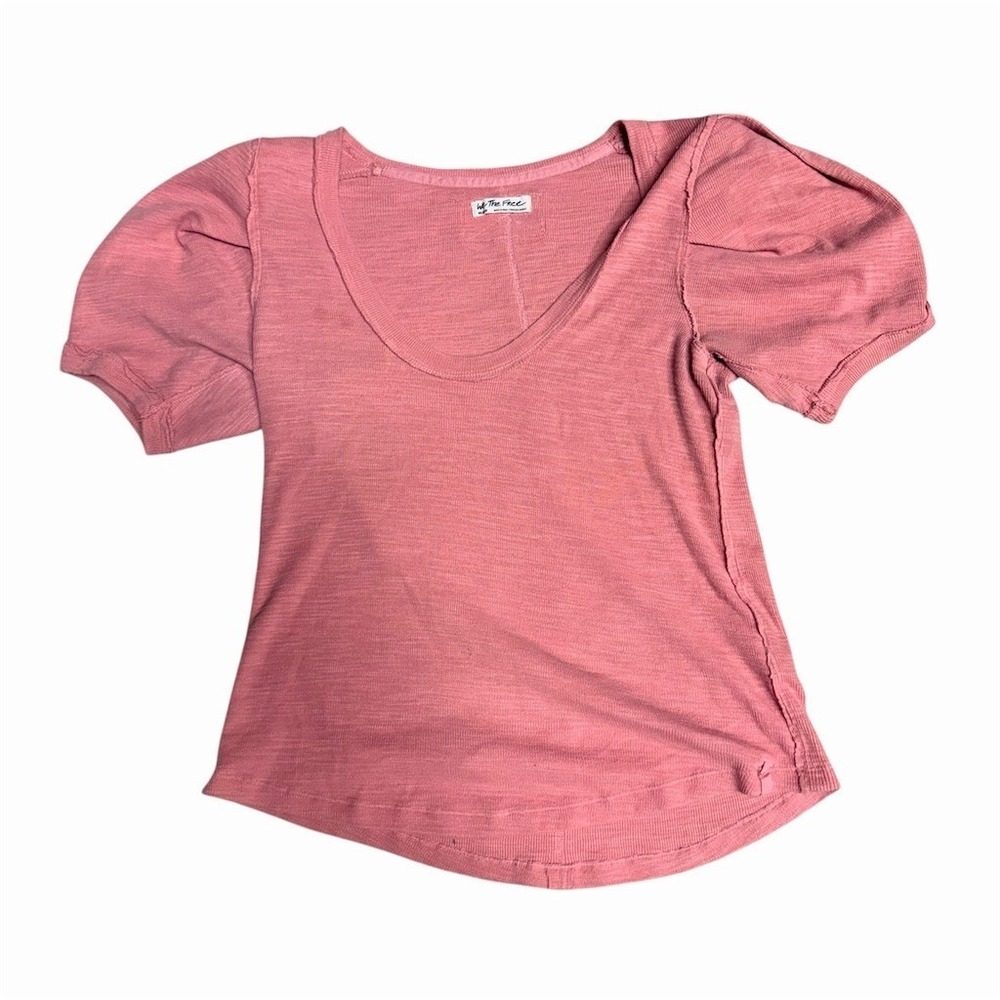 We The Free by Free People Top Womens M Pink Ribbed Puff Sleeve Scoop Neck‎